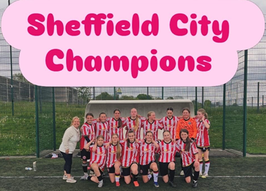 The U14 Girls' Football Team smiling beneath text reading 'Sheffield City Champions'