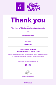Thank you certificate from the Duke of Edinburgh Programme
