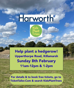 Flyer for Harworth Hedgerow Planting event at Upperthorpe Road, Killamarsh