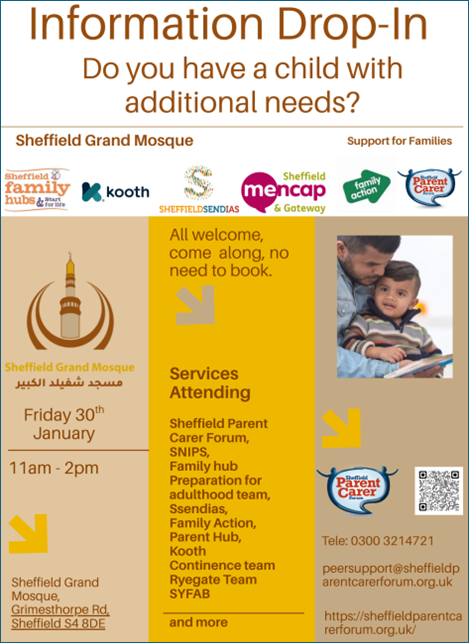 Flyer for Information Drop-In event for SEND students at Sheffield Grand Mosque