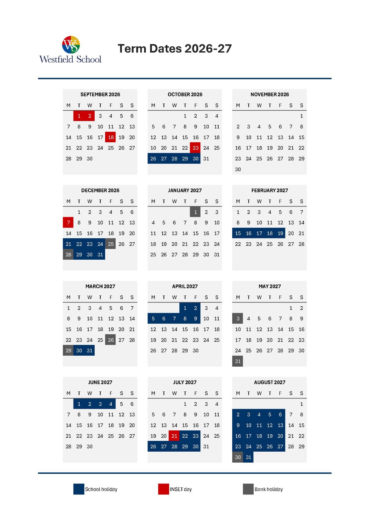 Term Dates calendar for 2026-27